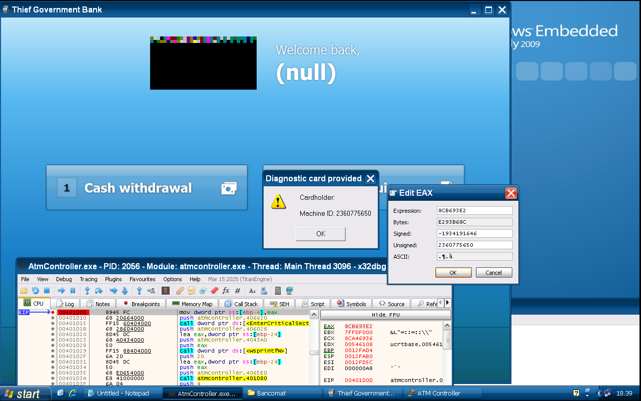ATM diagnostic dialog showing the leaked Machine ID beside x32dbg