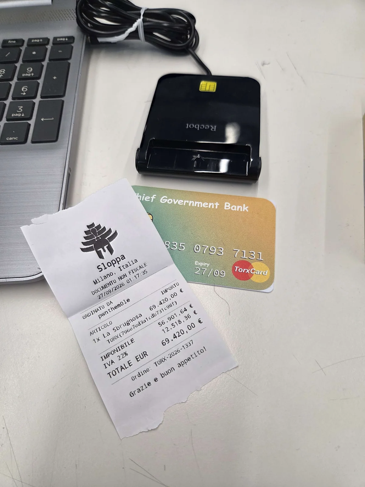 Challenge card, smart card reader, and simulated β¬69,420 receipt