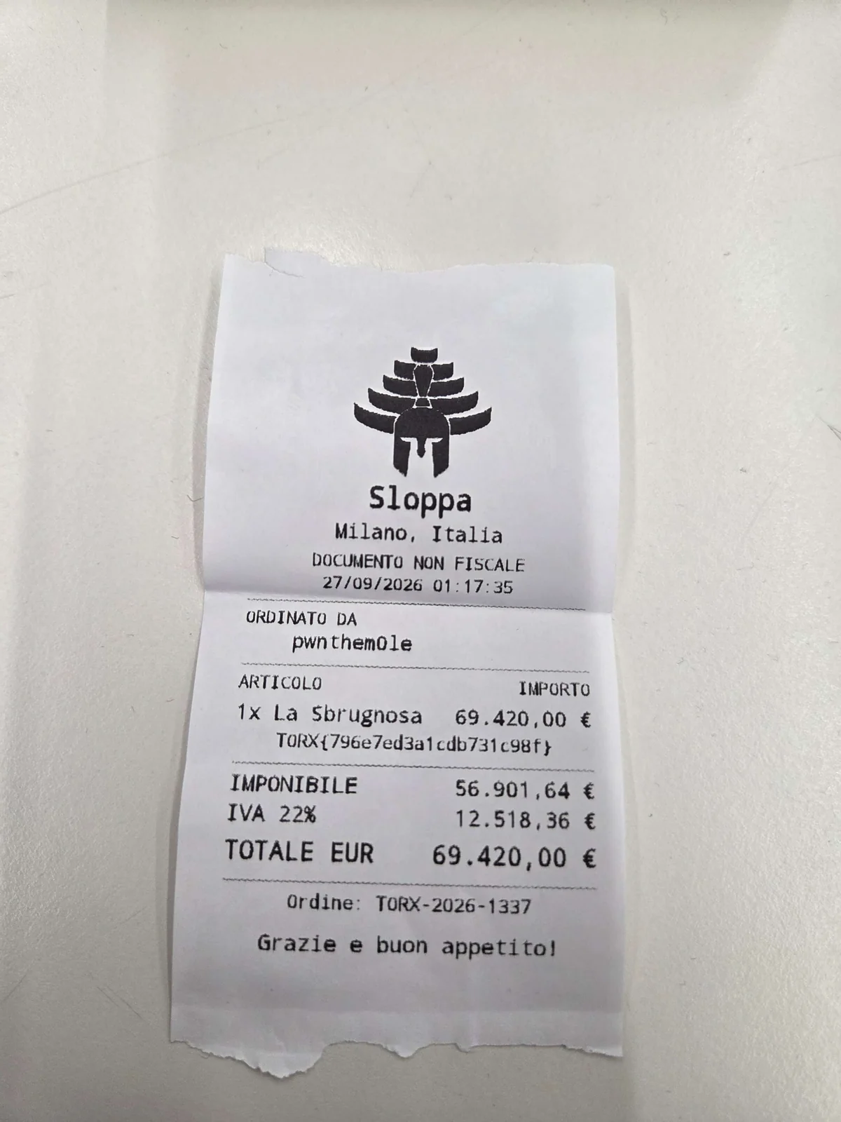 Simulated β¬69,420 receipt containing the TORX flag